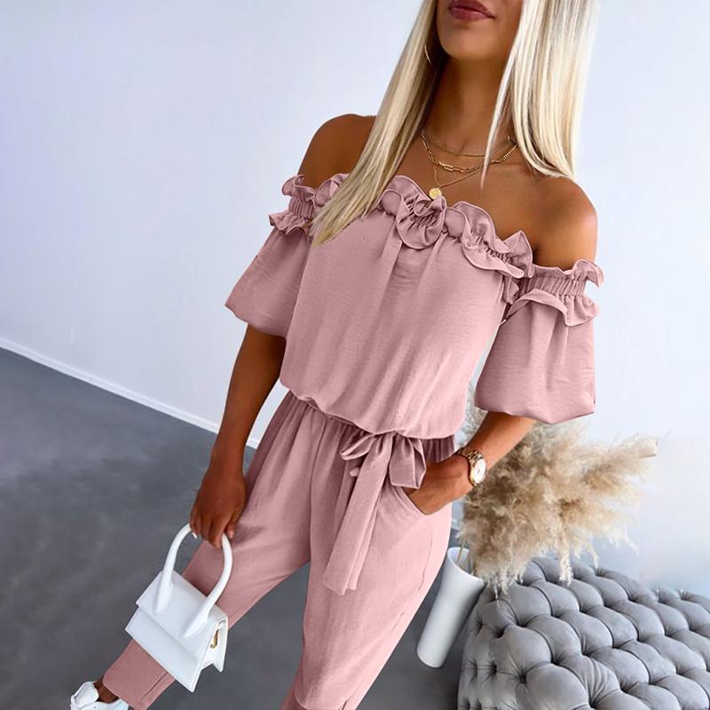 YURIMAY - ELEGANT OFF SHOULDER FRILL WAIST JUMPSUIT