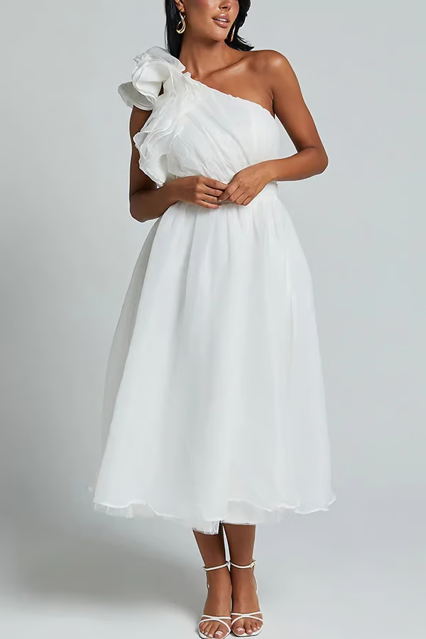 Jelly - Oblique Shoulder Ruffle Maxi Dress