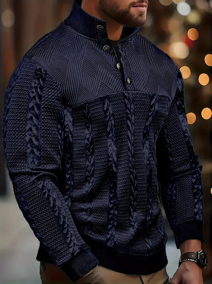 ENZO - TEXTURED BUTTON-COLLAR KNIT PULLOVER