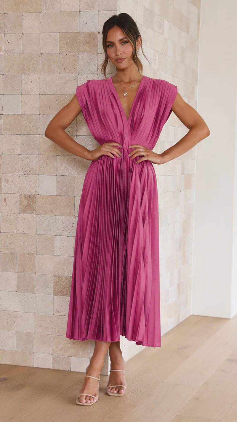 MADISYN - FLOWY V-NECK PLEATED SKIRT DRESS
