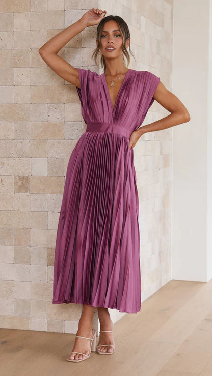 MADISYN - FLOWY V-NECK PLEATED SKIRT DRESS