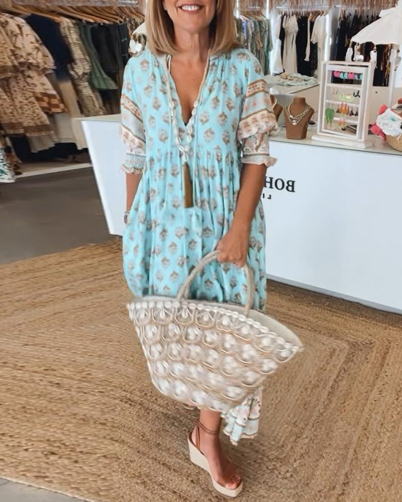 Miya - Casual Printed V-neck Half Sleeve Dress