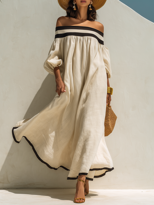 Beige Off-the-Shoulder Maxi Dress with Relaxed Fit and Color-Block Design