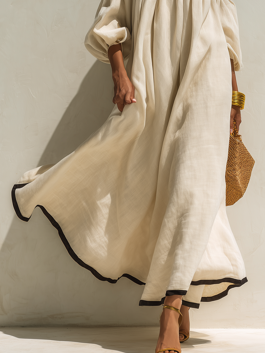 Beige Off-the-Shoulder Maxi Dress with Relaxed Fit and Color-Block Design