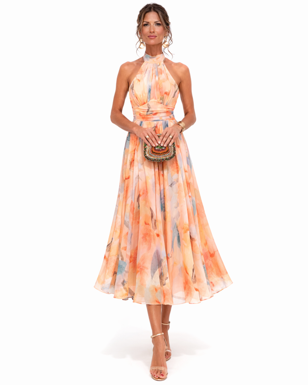 Aurora Halter Neck Dress with Watercolor Print