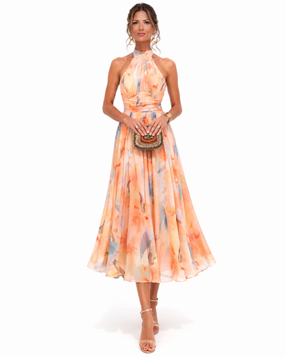Aurora Halter Neck Dress with Watercolor Print