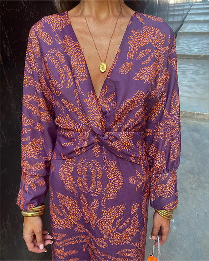 Janella - Vintage Draped Long Sleeve Midi Dress