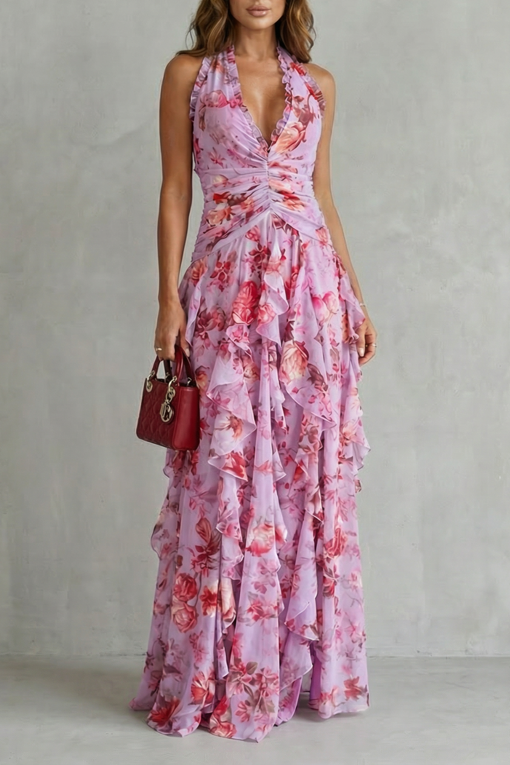 Belladina Enchanting Rose Cascade Halter Maxi Dress