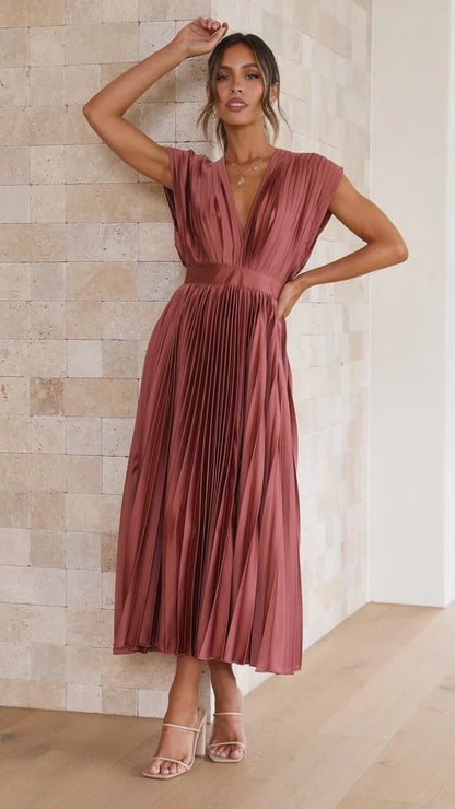 MADISYN - FLOWY V-NECK PLEATED SKIRT DRESS