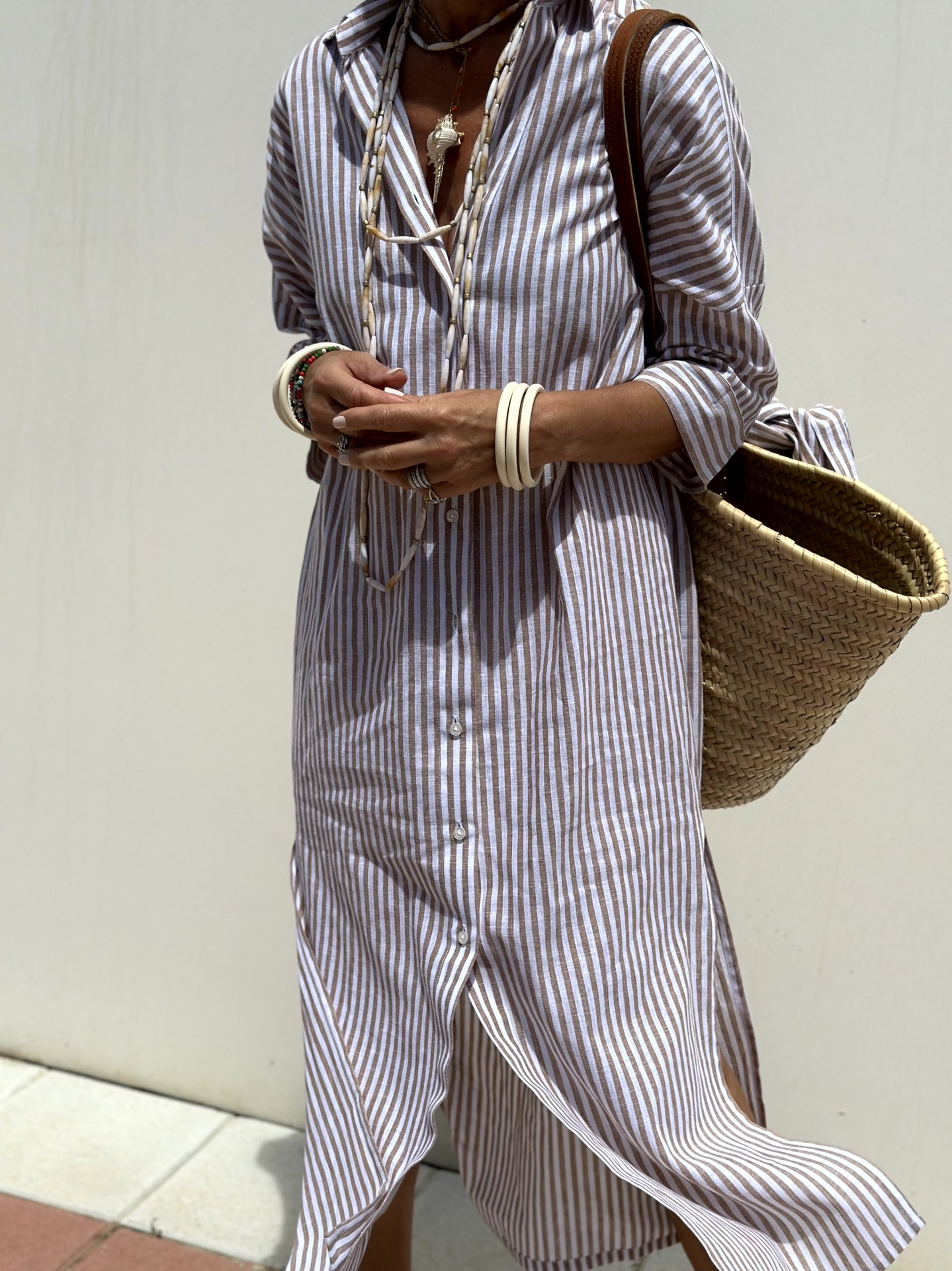 lusailstore -  Classic Striped Lace-Up Shirt Dress