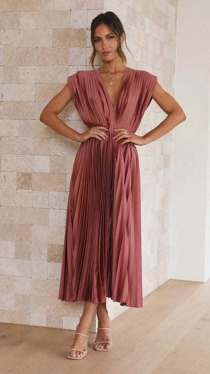 MADISYN - FLOWY V-NECK PLEATED SKIRT DRESS