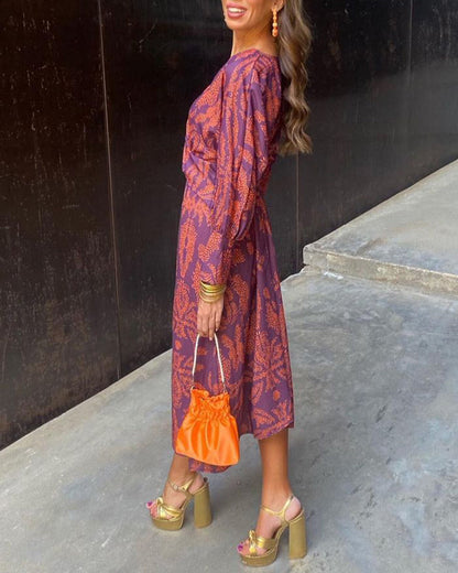 Janella - Vintage Draped Long Sleeve Midi Dress