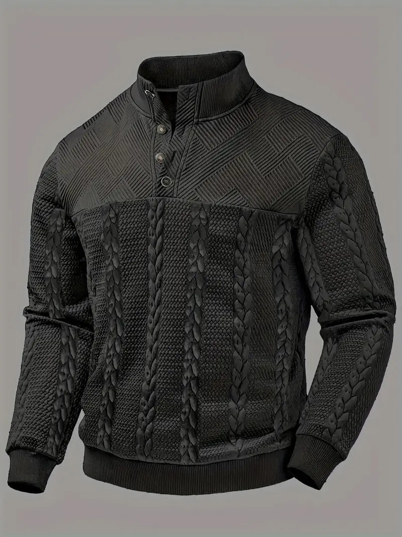 ENZO - TEXTURED BUTTON-COLLAR KNIT PULLOVER
