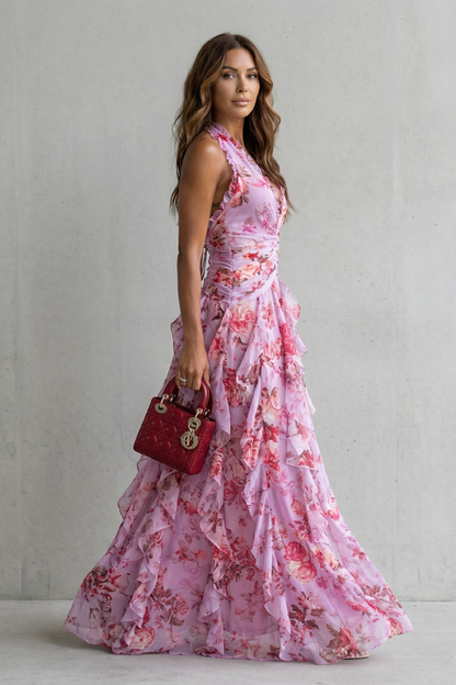 Belladina Enchanting Rose Cascade Halter Maxi Dress