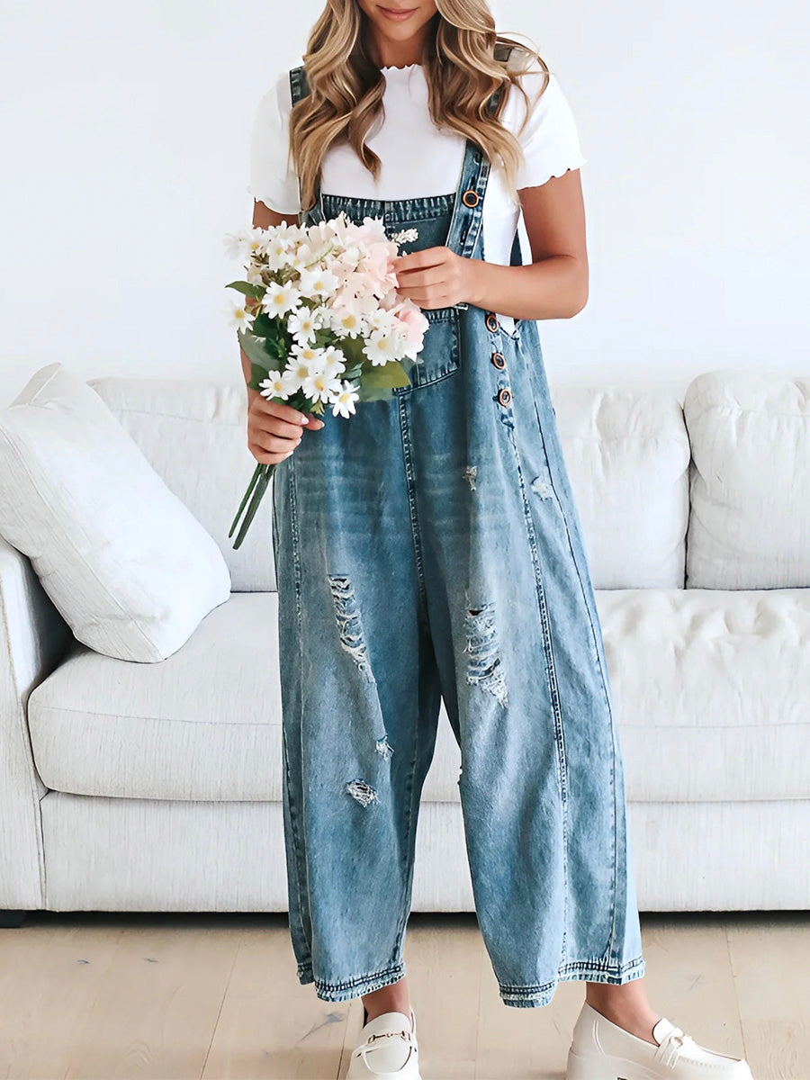 CALI - RELAXED DISTRESSED DENIM JUMPSUIT