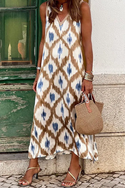 BEXLEY - GEOMETRIC PATCHWORK V-NECK STRAP DRESS