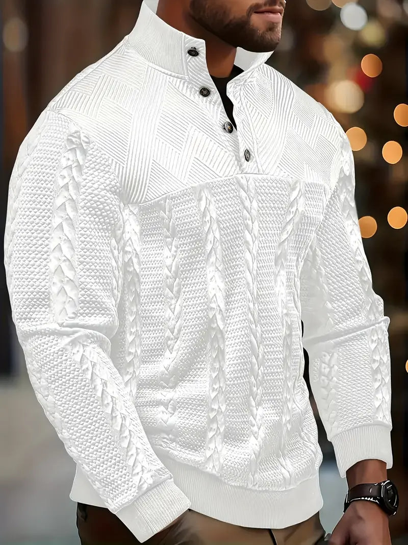 ENZO - TEXTURED BUTTON-COLLAR KNIT PULLOVER