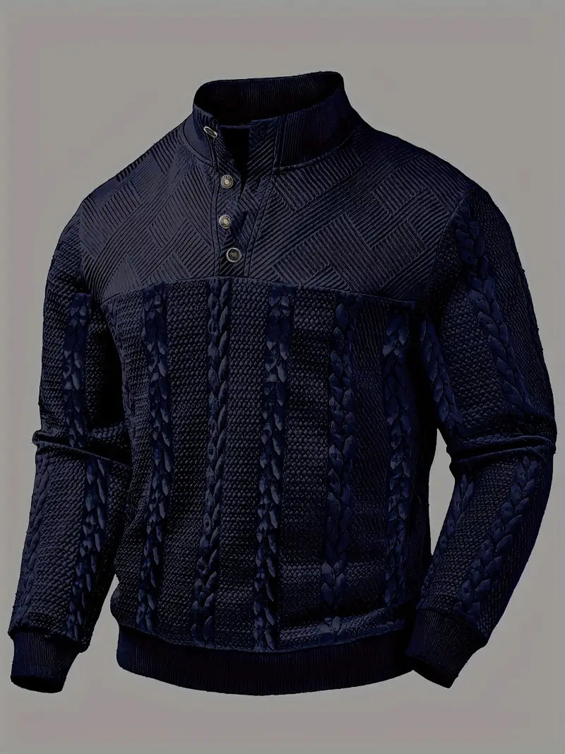 ENZO - TEXTURED BUTTON-COLLAR KNIT PULLOVER