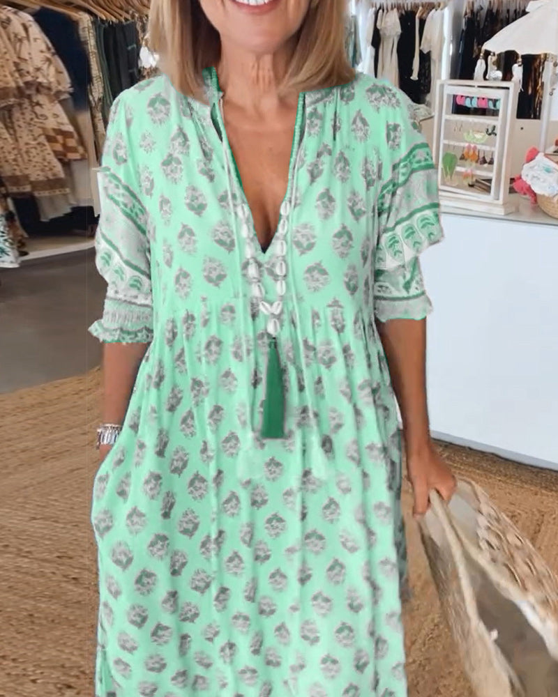 Miya - Casual Printed V-neck Half Sleeve Dress
