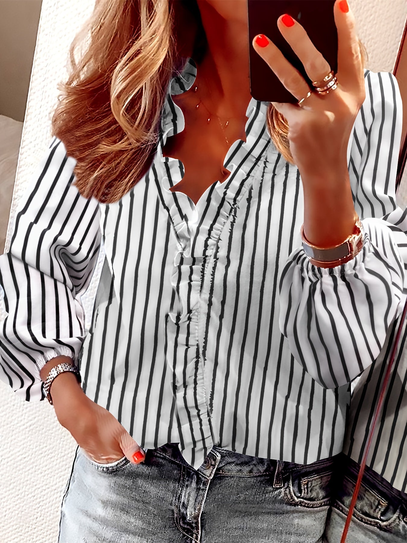 Aria™ - V-Neck Shirt with Ruffle Detail