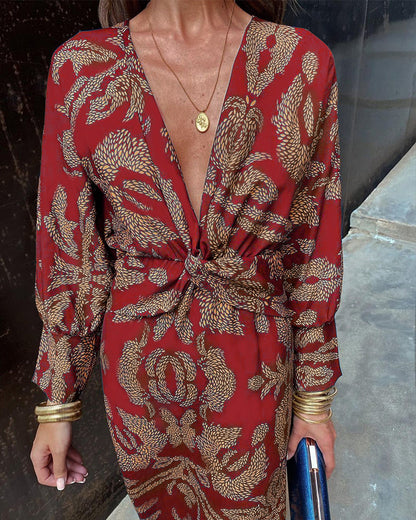 Janella - Vintage Draped Long Sleeve Midi Dress