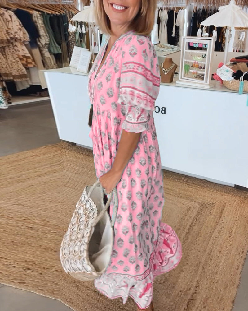 Miya - Casual Printed V-neck Half Sleeve Dress