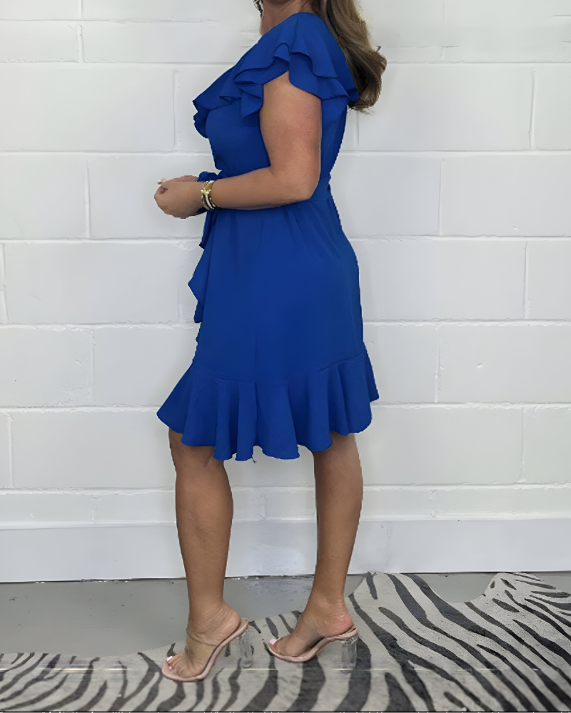 KHLOE - LIGHTWEIGHT V-NECK RUFFLED WAIST DRESS