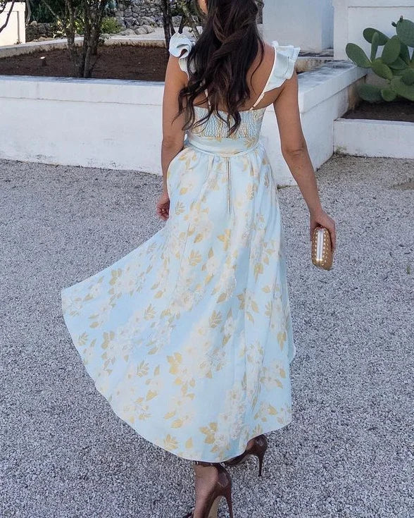 BRUNA - BUTTERFLY SLEEVE TIE WAIST PRINT DRESS