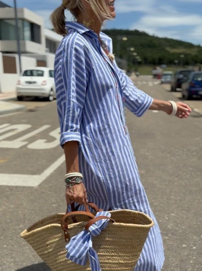 lusailstore -  Classic Striped Lace-Up Shirt Dress