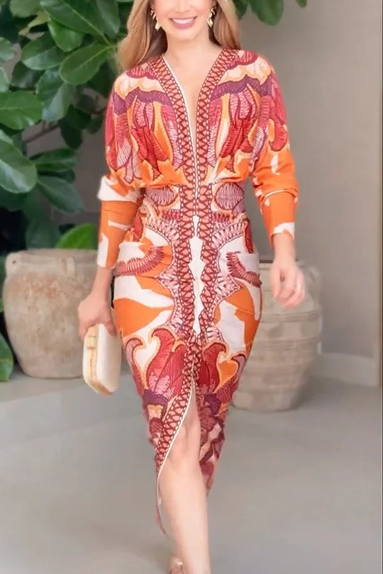 EUGENIA - BRAZILIAN INSPIRED PRINT RUCHED SLIT DRESS