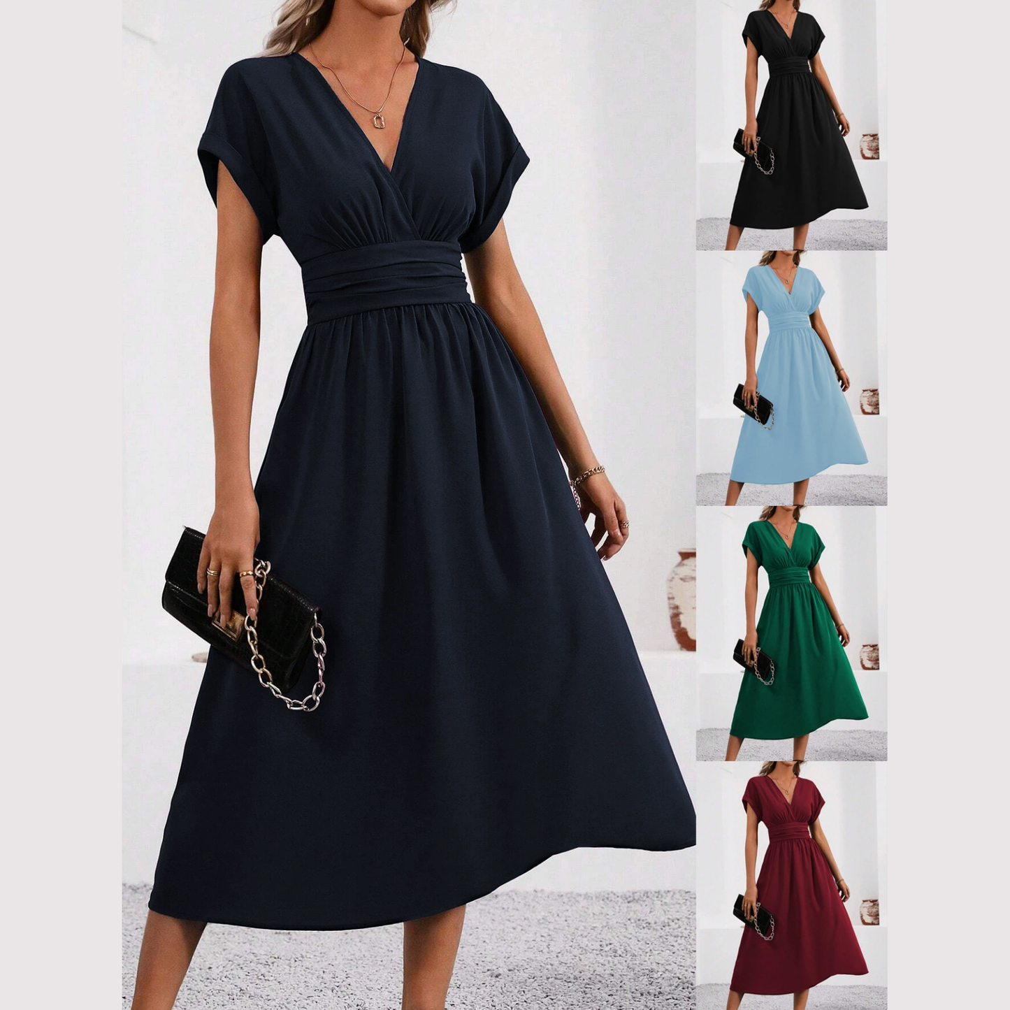 SHAYLA - DEEP V-NECK WAISTED DRESS