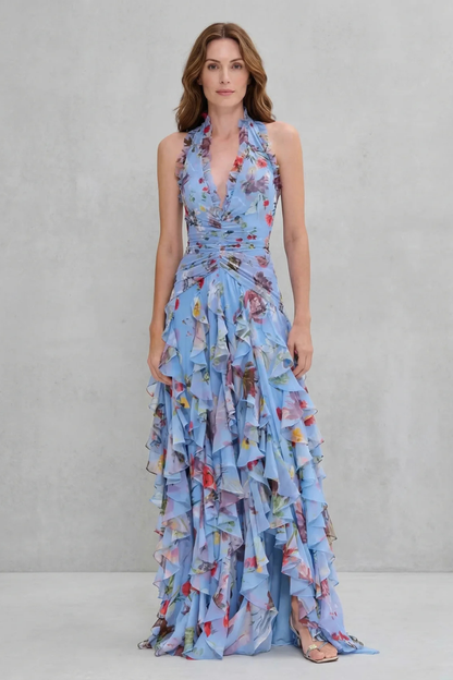 Belladina Enchanting Rose Cascade Halter Maxi Dress