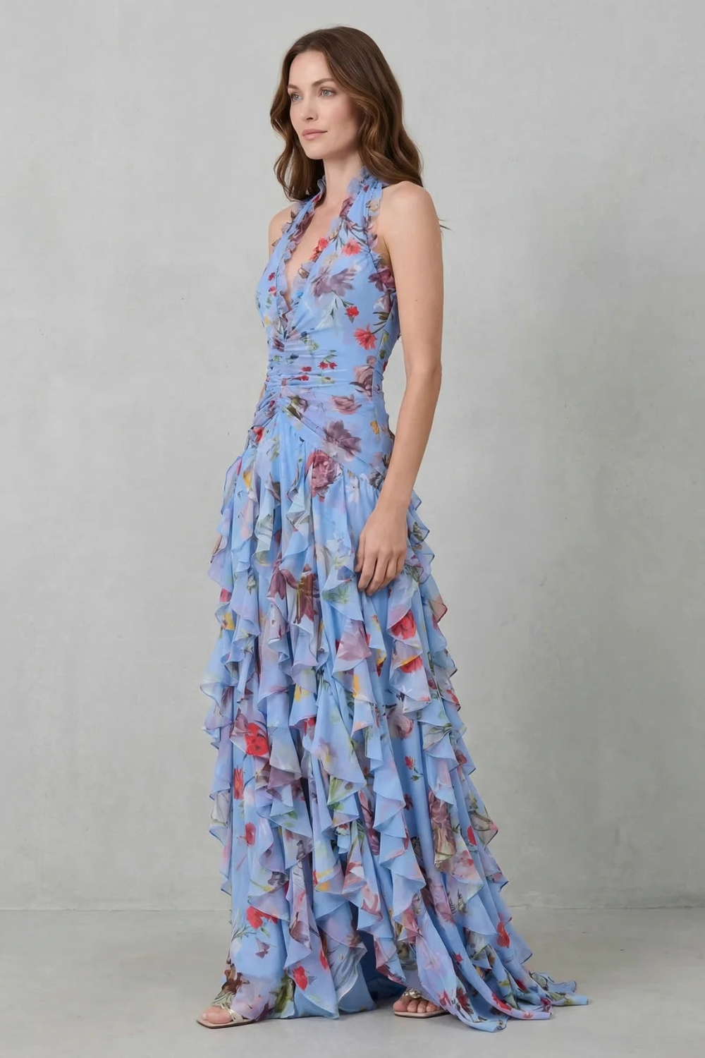 Belladina Enchanting Rose Cascade Halter Maxi Dress