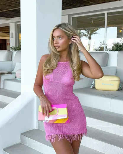 Delilah - Tassel Patchwork Hollow-Out Mini Dress