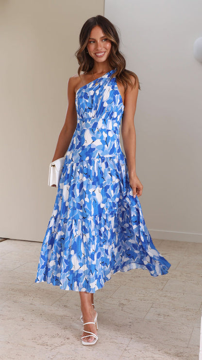 MELIFRANZ - ASYMMETRICAL NECKLINE MIDI DRESS WITH PRINT