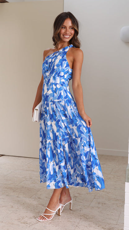 MELIFRANZ - ASYMMETRICAL NECKLINE MIDI DRESS WITH PRINT