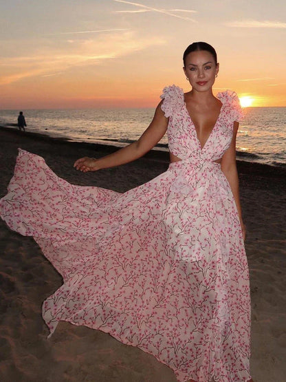 Aurora - Elegant Backless Ruffles Maxi Dress