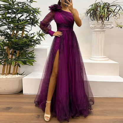 Judith - Trendy One Shoulder Mesh Print Maxi Dress
