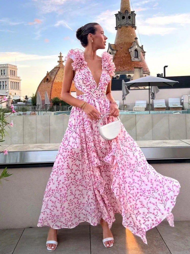 Aurora - Elegant Backless Ruffles Maxi Dress