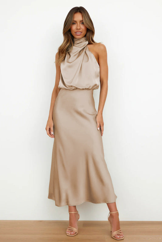 VENUS - SATIN HALTER MIDI DRESS