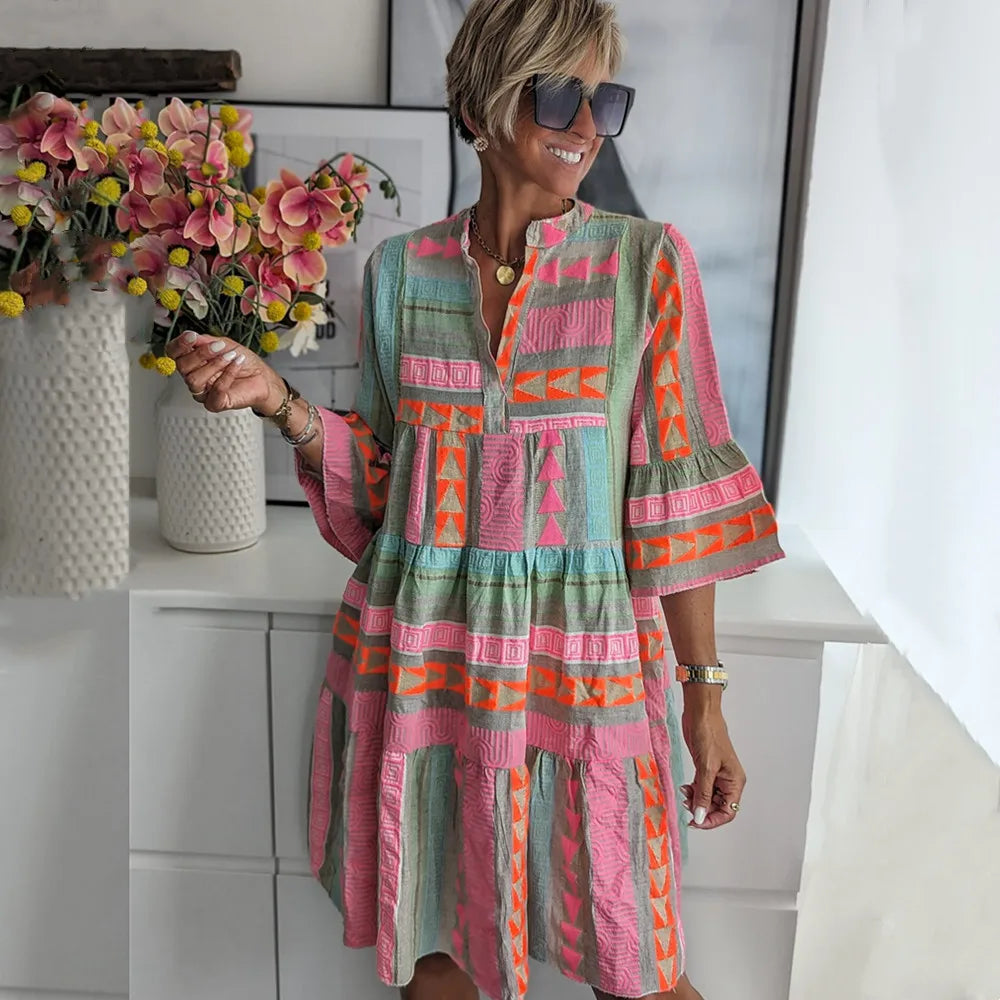 Ava™ - Chic V-Neck Cotton Hemp Summer Dress