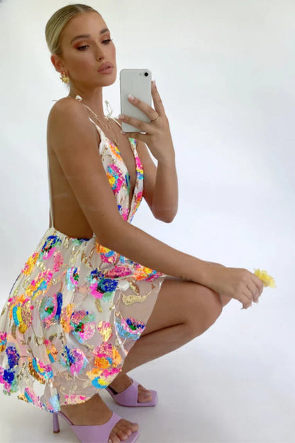 Zephyr - Backless Sequin Floral Strappy Mini Dress