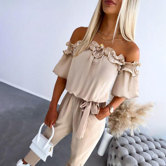 YURIMAY - ELEGANT OFF SHOULDER FRILL WAIST JUMPSUIT