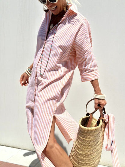lusailstore -  Classic Striped Lace-Up Shirt Dress