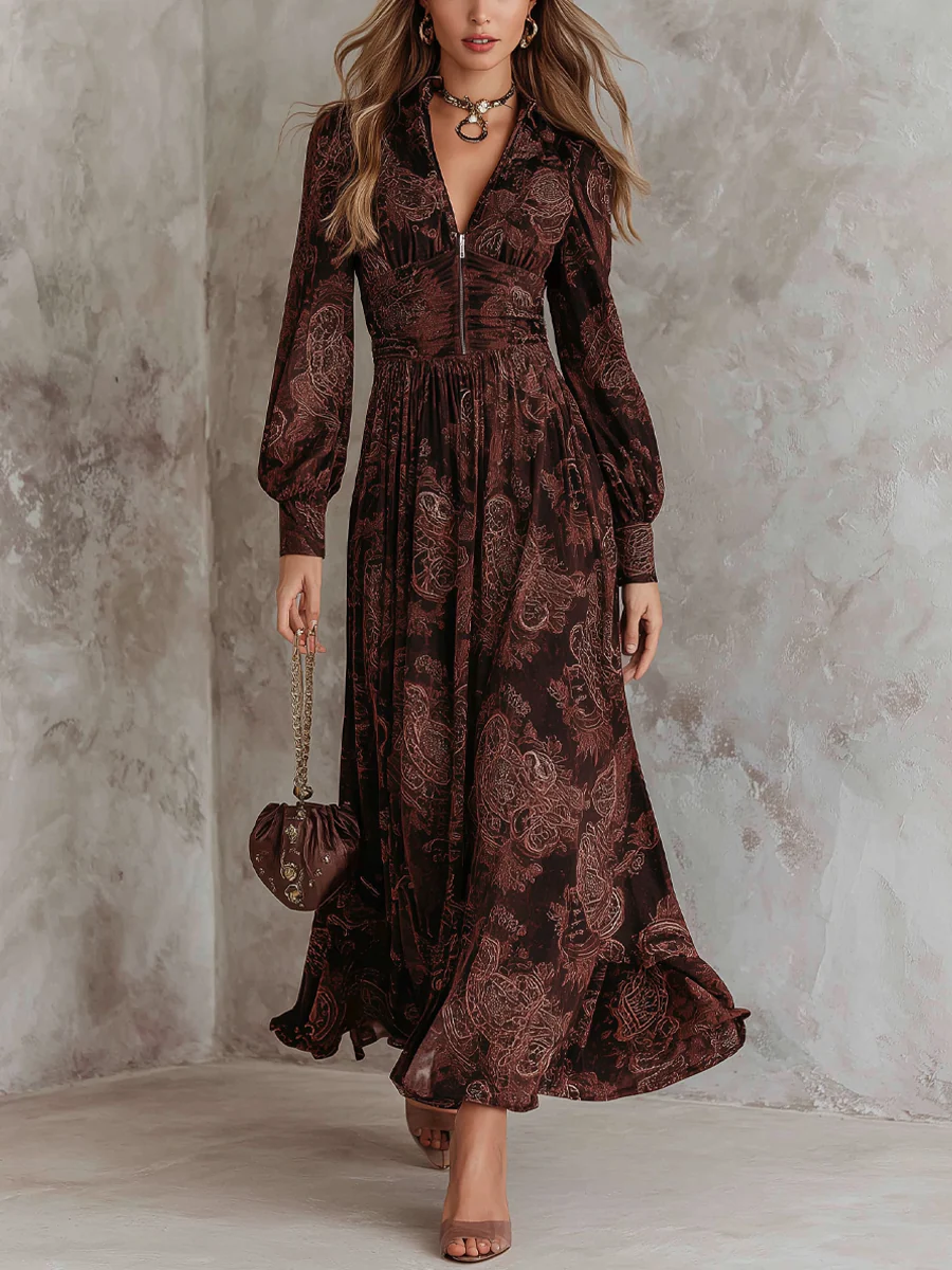 Amelia™ Paisley Maxi Dress with Zipper Detail