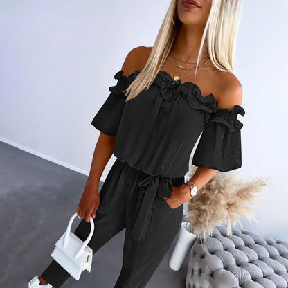 YURIMAY - ELEGANT OFF SHOULDER FRILL WAIST JUMPSUIT
