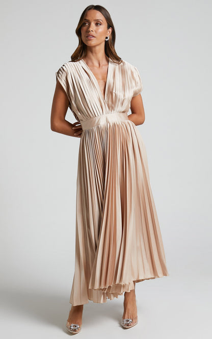 MADISYN - FLOWY V-NECK PLEATED SKIRT DRESS
