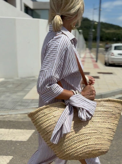 lusailstore -  Classic Striped Lace-Up Shirt Dress