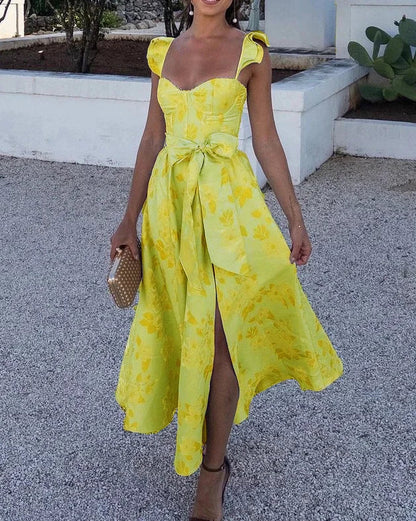 BRUNA - BUTTERFLY SLEEVE TIE WAIST PRINT DRESS