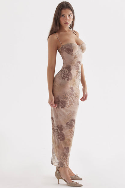 INDIGO - LEOPARD PRINT SLIM STRAP MIDI DRESS